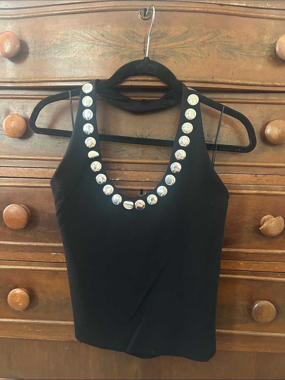 Maje Black Jewel-Trim Halter Tank Top